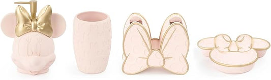 Jay Franco Disney Minnie Mouse Organizer Set - 4 Piece Pink Accessories Includes Resin Soap Dispenser, Soap Dish, Toothbrush Holder and Tumbler - Bathroom Décor
