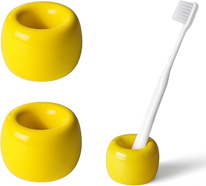 AirMoon Mini Ceramic Toothbrush Holder for Bathroom - Yellow Small Countertop Organizer, Easy Clean Toothbrush Stand, Suit for Electric Toothbrush Head, Pens & Coffee Spoon, Pack of 2