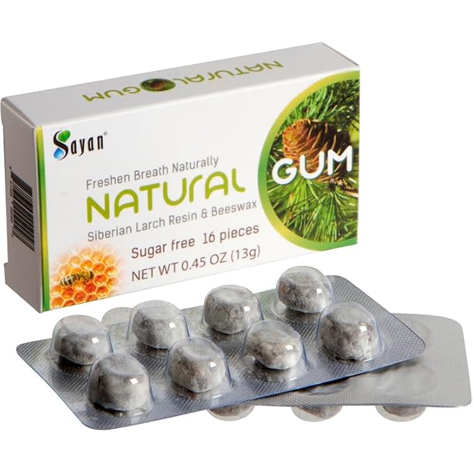 Sayan Sugar-Free All Natural Siberian Larch Tree Resin and Beeswax Chewing Gum – 6 Packs (96 Pieces) for Fresh Breath – Vegetarian, Non-GMO, Gluten Free, Aspartame Free, No Preservatives