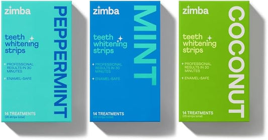 Zimba Teeth Whitening Strips 3-Pack Bundle (Mint, Peppermint, Coconut) | Vegan Whitening Strip Enamel Safe Teeth Whitening Hydrogen Peroxide Teeth Whitener for Coffee, Wine, Tobacco, and Other Stains