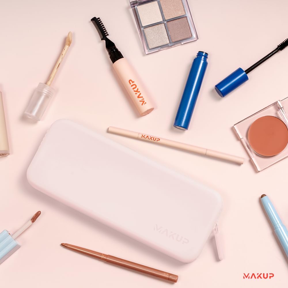 MAKUP Silicone Makeup Bag, Makeup Brush Holder with Zipper for Organizing Cosmetics, Makeup Brushes, Tools and Pencils, Washable Makeup Brush Holder Pouch for Travel (Pink Sand)