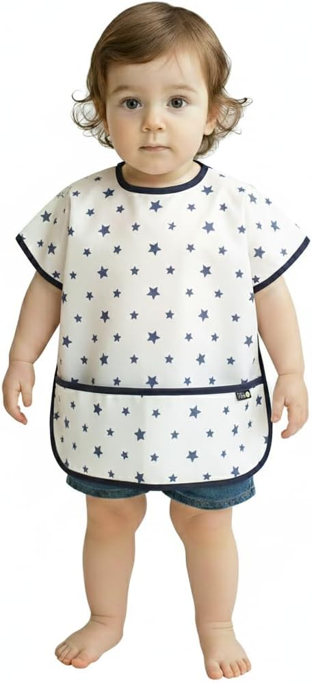 Short Sleeve Waterproof Bib for Toddlers – Easy Clean Feeding Apron for Mealtime, Daycare, Self-Feeding, Lightweight