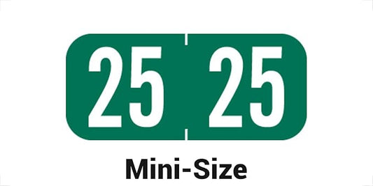 MINI 2025 Year Stickers, Doctor Stuff 2025 Chart Stickers, Green Color Coded, Tab 1287 Style, USA Made Year Labels for End Tab File Folders, 500 Labels/Roll in a Dispenser Box, 1/2" x 1-1/8"