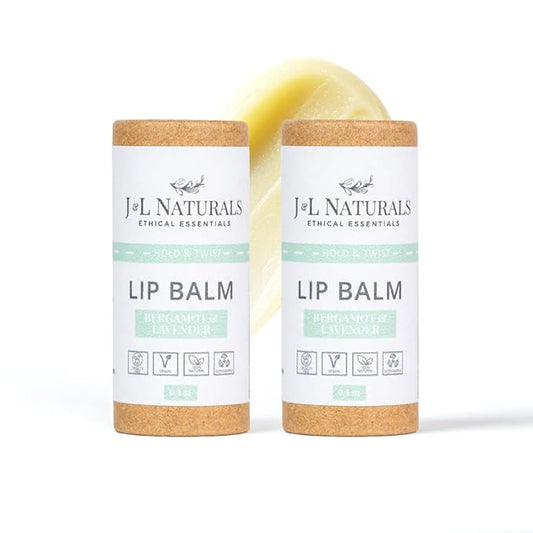 J&L Naturals Sustainable Lip Balm | Organic Ingredients, 100% Natural, Eco-Friendly | Cruelty Free, Vegan, Paraben Free, Silicone Free (Bergamot & Lavender, 2-Piece Duo)