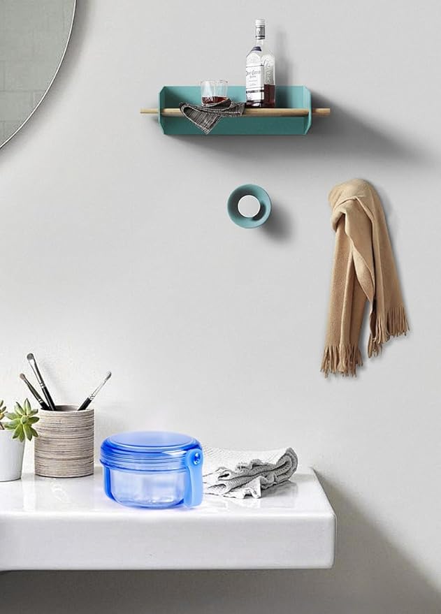 Leak Proof Portable Denture Bath Case Denture Cleaning Cup, False Teeth Holder Mouthguard Night Guard Container Box Retainer Soaking Case for Travel, Household, Office - Transparent Blue