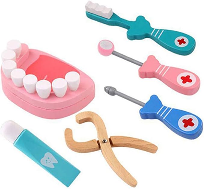 Wooden Dentist Toy Kit Pretend Play Teeth Tools Educational Doctor Role Play Set for Kids 6PCS Dentist Simulation Toy Educational for Boys Girls Early Learning
