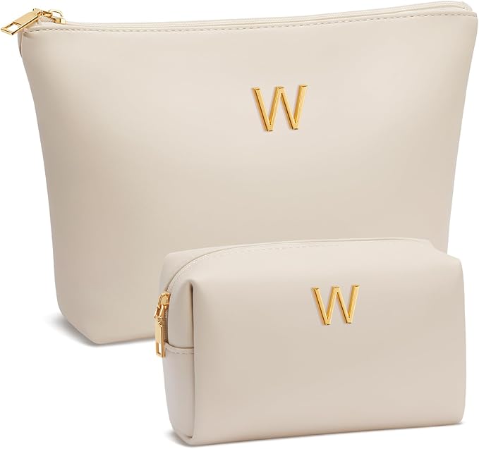 Women Gifts | Initial Makeup Bag Set for Girl Personalized Gifts for Bridesmaid Friend Graduation Teachers PU Leather Cosmetic Travel Toiletry Bag(Beige,W)