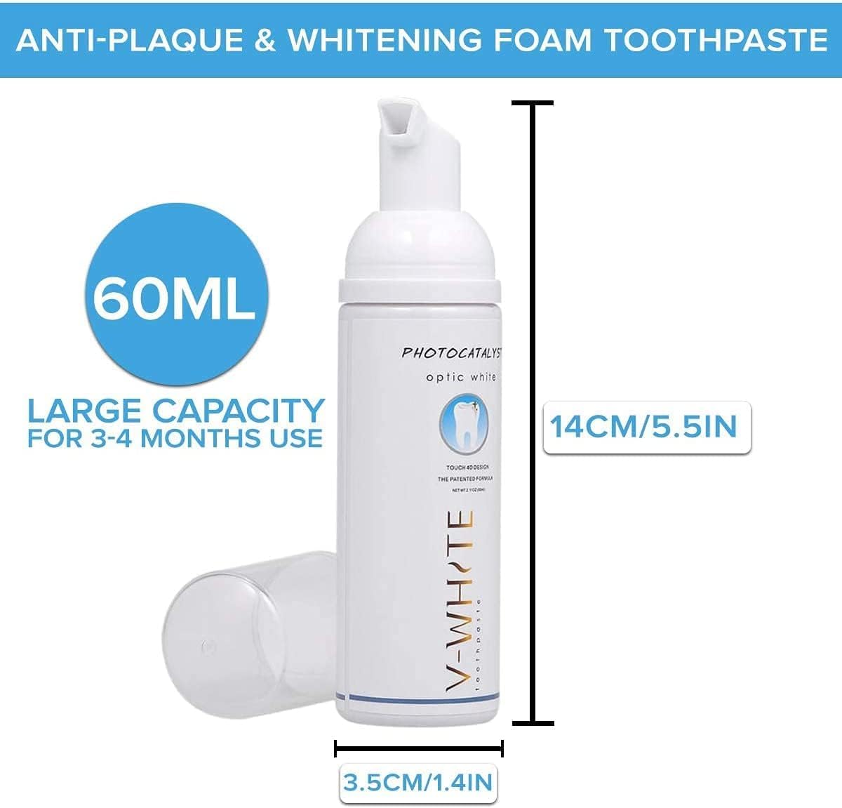 V-White Foam Teeth Whitening Toothpaste - Organic Toothpaste Fluoride Free, Alcohol Free, pH Balanced - Deep Cleansing, Stain Removal, Travel Friendly, for Kids & Adults (Large, Natural)