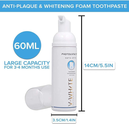 V-White Foam Teeth Whitening Toothpaste - Organic Toothpaste Fluoride Free, Alcohol Free, pH Balanced - Deep Cleansing, Stain Removal, Travel Friendly, for Kids & Adults (Large, Natural)