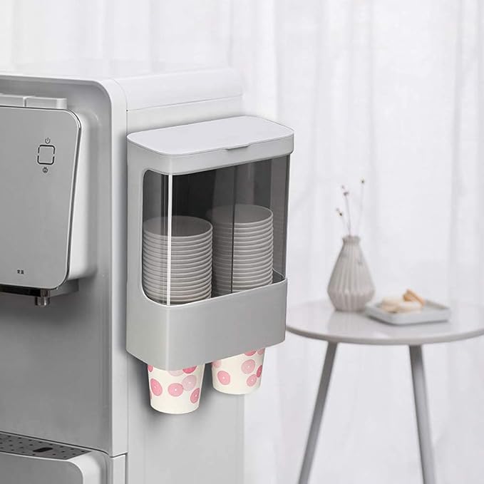 LBTING Water Cooler Cup Dispenser, Pull Type Cup Holder Wall Mounted Fit 4oz - 6oz Small Cup, Double Tube Disposable Cups Dispenser for Cone or Flat Bottom Cups – Gray