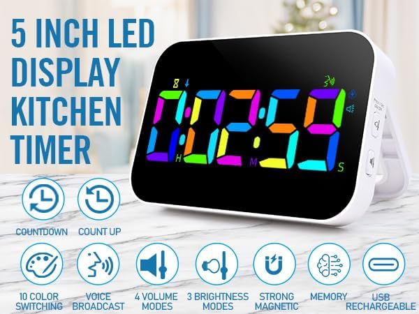 Kitchen Timer（1.5" Number）with Voice Reminder,10 RGB Color Changing Digital Magnetic Timer, Countdown/Up, Rechargeabilit, Brightness Display, 3 Volume Levels and Vibration Mode, for Classroom, Cooking