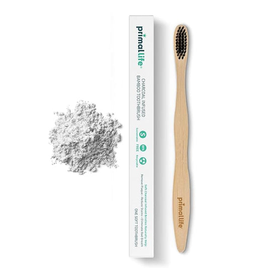 Primal Life Organics - Charcoal Toothbrush, Made with Charcoal & Bamboo, Biodegradable, BPA-Free, Perfect for Kids & Adults, Recyclable, Gently Massages Gums & Teeth, Zero Waste Toothbrush, (1-Pack)