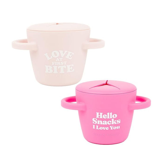 Bella Tunno Snack Cups for Toddlers, Set of 2 Silicone Spill Proof Food Containers with Lids, Babies & Kids 6-12 Months, Love at First Bite & Hello Snacks