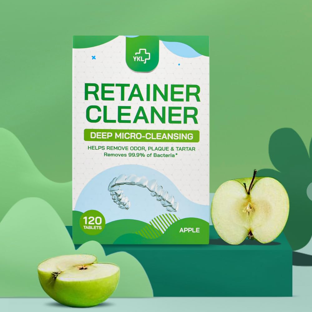 YKL Retainer Cleaner & Denture Cleaning Tablets for Mouth Guard Cleaner, Fresh Apple Flavor (120 Count）