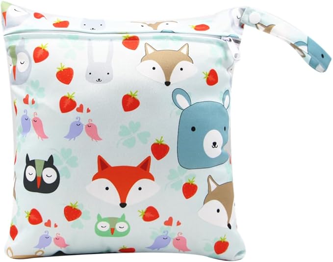 Waterproof Wet Dry Bag, Reusable Diaper Pouch with Zipper, Machine Washable Travel Organizer for Beach, Daycare, Kids, Dinosaur Pattern (Red Fox)