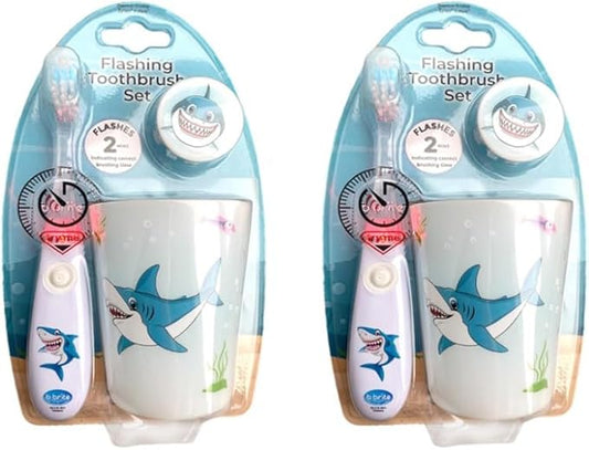 Lily's Home Kids Flashing Timer Toothbrush kids with Soft Bristles, Rising Cup & Cover - Fun 2-Min Light-Up Brushing for Children - Toddler Soft Toothbrush Kit -(shark)- set of 2