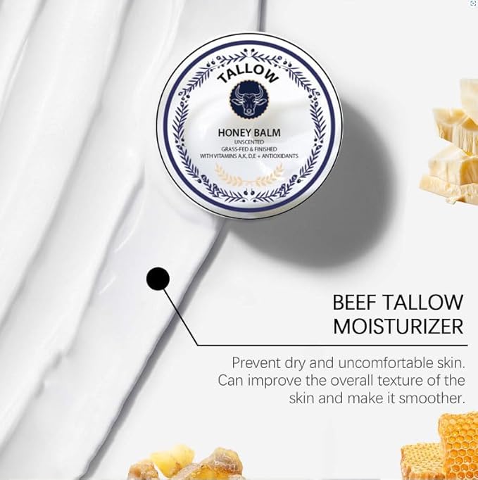 Grass Fed Honey & Tallow Balm - Tallow and Manuka Honey Cream, Bálsamo de Miel y Sebo, Unscented, Natural Ingredient Whipped Moisturizer for Face & Body, Lotion and Lip Balm 2 oz (1pcs)