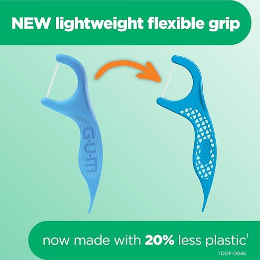 GUM Advanced Care Floss Picks - Dental Flossers for Adults with Vitamin E and Fluoride - Extra Strong Shred-Resistant Dental Floss, Easy Grip Handle, Fresh Mint Flavor, 90 Count (Pack of 6)