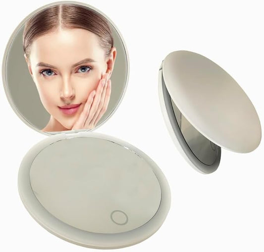 LED Illuminated Travel Makeup Mirror,Portable Folding Mirror,Mini Travel Mirror,Hand Mirror,1X/2X Magnifying Glass,Touch Adjustable Screen(White 3.5-Inch)
