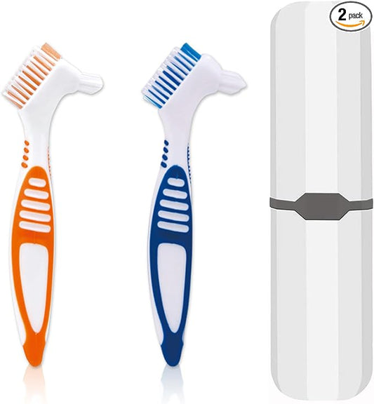 Denture Brush, 2 Pcs False Teeth Toothbrush with White Carrying Case, Multi-Tiered Bristles with Comfort Grip Handle for Effective Denture Cleaning