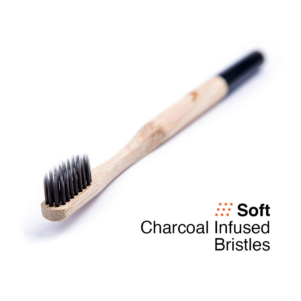 Bamboo Toothbrush with Soft Charcoal Infused Bristles, New Set of 4 Eco Friendly Toothbrushes, BPA Free and Tongue Scraper