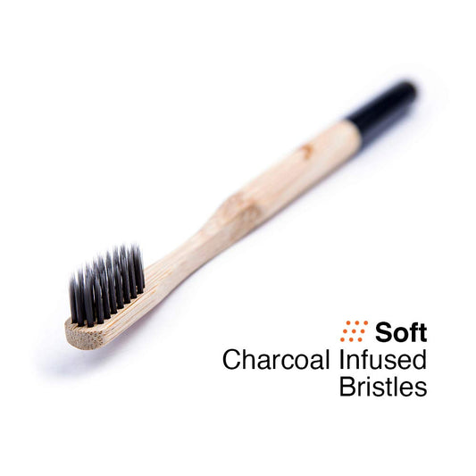 Bamboo Toothbrush with Soft Charcoal Infused Bristles, New Set of 4 Eco Friendly Toothbrushes, BPA Free and Tongue Scraper