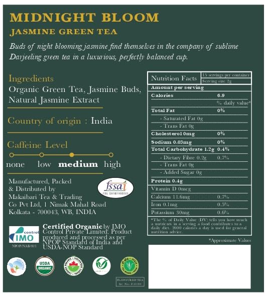 Luxmi Estates Midnight Bloom Organic Jasmine Tea (25 Tea Bags) Mildly Caffeinated Tea Bags For Relaxing, Calming, and Stress Relief, With Certified Organic Darjeeling Makaibari Green Tea