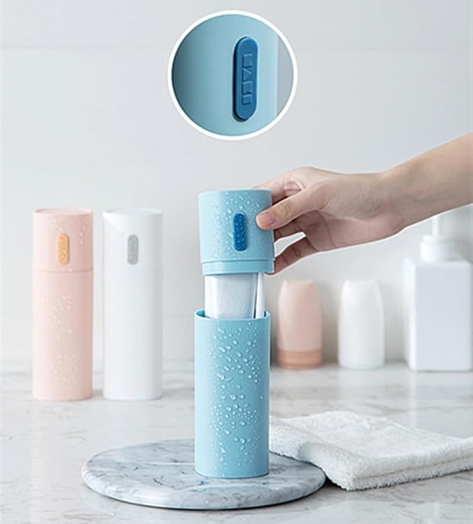 Travel Toothbrush Case Portable Toothbrush and Toothpaste Container Holder with Mouthwash Cup Oral cleaning Tools Organizer for Traveling Camping School Home (Blue and white)