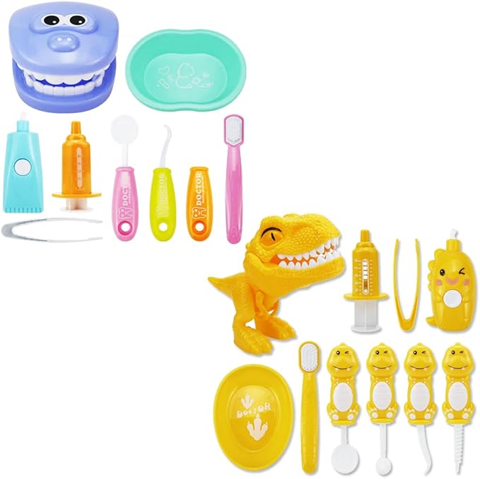 Bundle 19PCS = 9PCS Plastic Simulation Dentist Play Set （Mixed Colors） + 10PCS Plastic Dinosaur Simulation Dentist Play Set (Yellow)