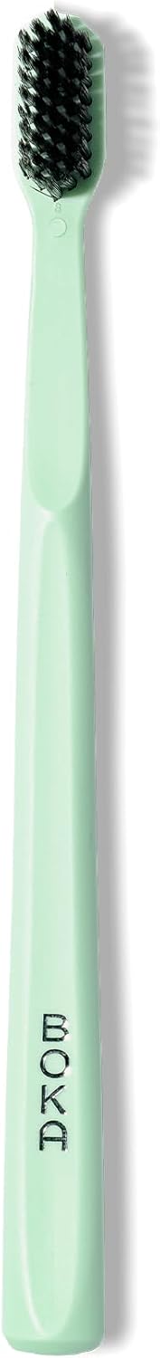 Boka Classic Manual Toothbrush with Extra Soft Activated-Charcoal, Tapered Bristles, Bioplastic Handle That Includes Travel Cap, Dentist-Approved, Great for Adults and Kids, Mint (Pack of 1)