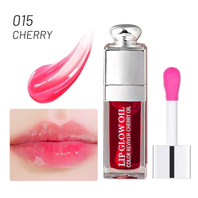 GECOMO Hydrating Lip Glow Oil, Lip Oil Gloss Transparent Toot Tinted Nourishing Long Lasting Repairing Lightening Lip Lines (CHERRY) 0.2 OZ