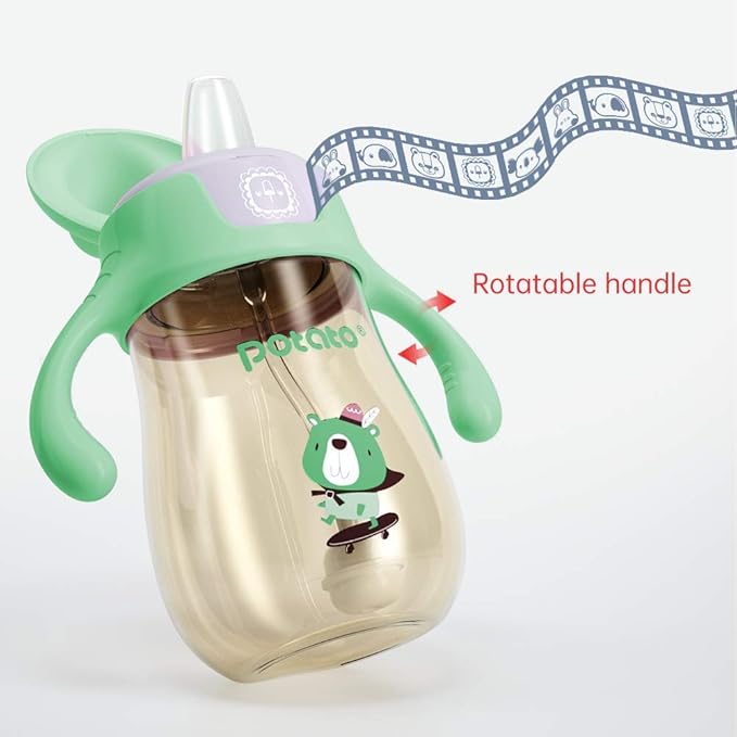 POTATO Sippy Cups For Toddlers with Straw Spill Proof, PPSU Learner Cup with Handle for Babies, Water Bottle for Baby 12 Months with 2 Type of Spout, 10 Ounce Green