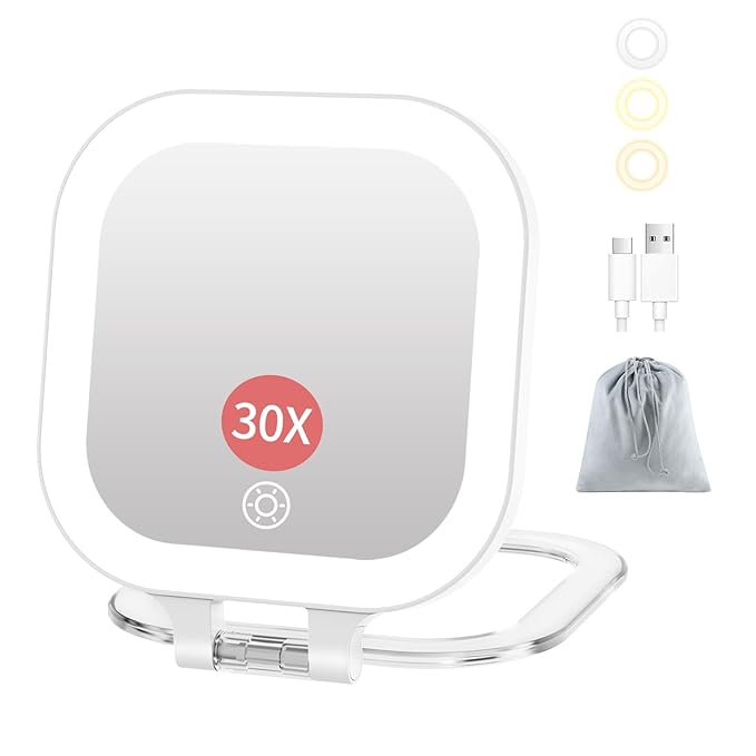 FUNTOUCH Compact Travel Mirror with Light, Rechargeable Double-Sided 1X10X Magnification with 3 Lights, Handheld Tabletop Portable Hanginig Mirror with Bag, Dimmable Touch Screen