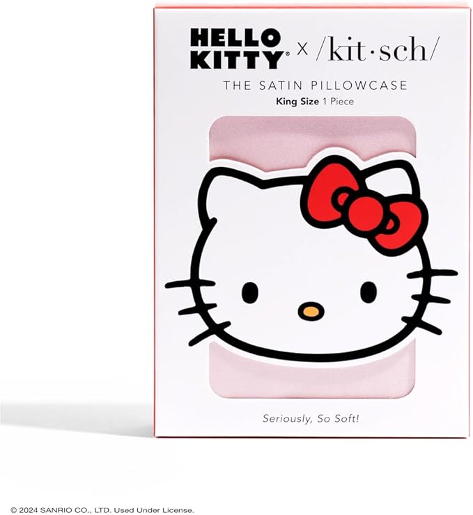 Kitsch x Hello Kitty (Pink Kitty Face) - Satin Pillowcase with Zipper for Hair and Skin, Softer Than Silk Pillow Case, Smooth Cooling Pillow Covers, Machine Washable, King Size (19x36)