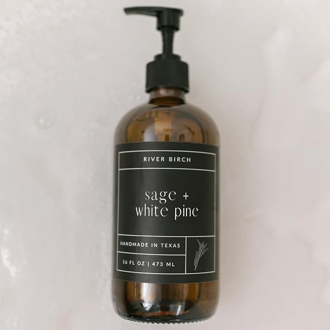 River Birch Sage + White Pine Scented Natural Hand Soap - Handmade Soap - Moisturizing Hand Wash with Amber Glass Dispenser - Luxury Scented and Hydrating - Vegan and Non-Toxic - 16 Fl Oz