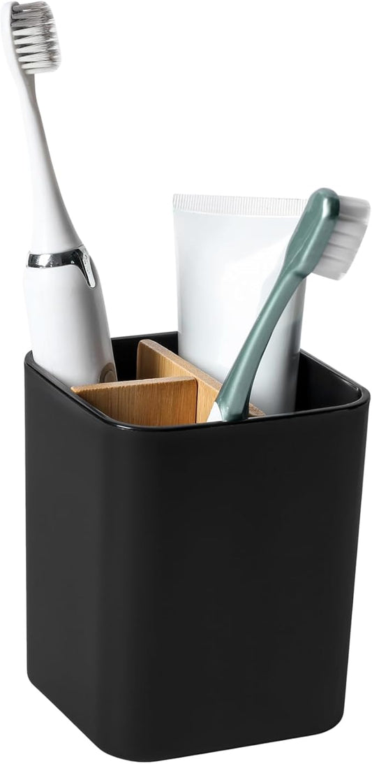 Bamboo Toothbrush Holder for Bathrooms, 3 Slots Toothbrush and Toothpaste Holder Bathroom Counter Organizer for Electric Toothbrushes, Floss, Razors - Black
