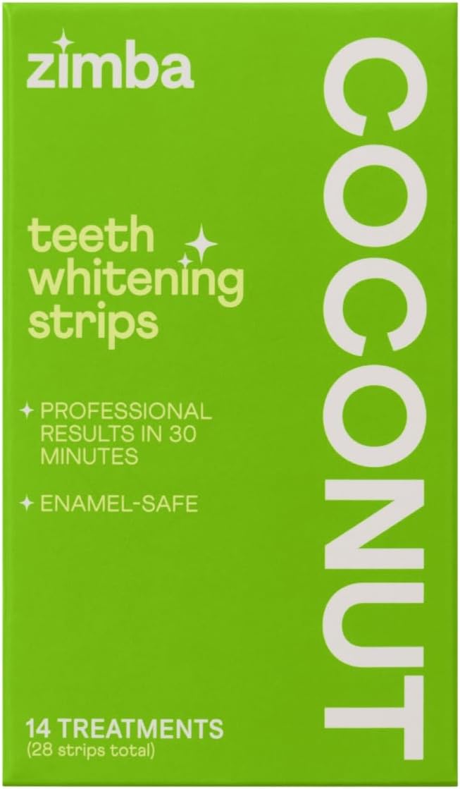 Zimba Coconut Flavored Teeth Whitening Strips | Vegan, Enamel Safe Hydrogen Peroxide Teeth Whitener for Coffee, Wine, Tobacco, and Other Stains | 14 Day Treatment | Coconut