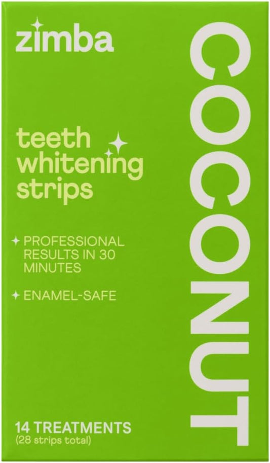 Zimba Coconut Flavored Teeth Whitening Strips | Vegan, Enamel Safe Hydrogen Peroxide Teeth Whitener for Coffee, Wine, Tobacco, and Other Stains | 14 Day Treatment | Coconut