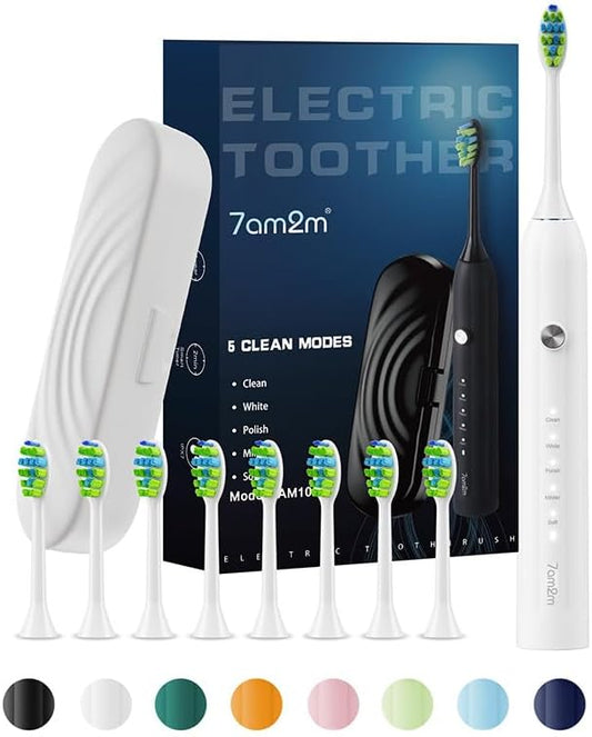 7AM2M Sonic Electric Toothbrush for Adults and Kids, with 8 Brush Heads and Travel Case,5 Modes with 2 Minutes Build in Smart Timer, One Charge Use for 90 Days, Rechargeable Toothbrushes(White)