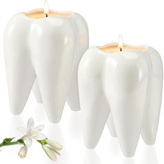 2 Pcs Ceramic Tooth Shaped Scented Candle Freesia Scent Aromatherapy Candle for Dentist 2.7 x 3.9 Inch Long-Lasting Natural Soy Wax for Dentist Clinic Desk Supplies Dental Gifts