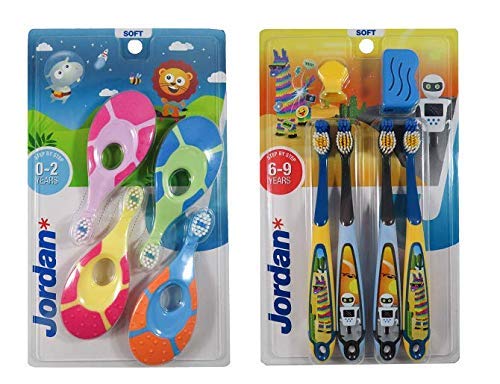 Jordan* | Step 1 + Step 3 Toothbrush Pack | Pack of Toothbrushes for Babies 0-2 Years and Children 6-9 Years Old | 4 + 4 Units