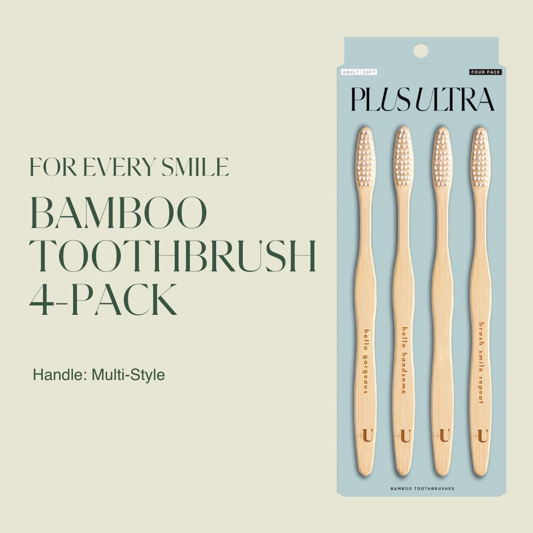 Biodegradable and Eco-Friendly Bamboo Toothbrush 4-Pack - BPA Free Soft Bristle - Dentist-Approved and All-Natural with Positive Affirmations Etched on Handles by Plus Ultra