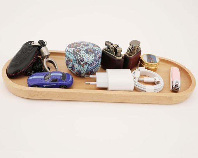 Fermus Wooden Tray, Set of 2, 12.5 Inch Long, Jewelry Dish Cosmetics Organizer Bathroom Clutter Wood Decorative Serving Platter Small Storage Tray, Oval (2 Pack)