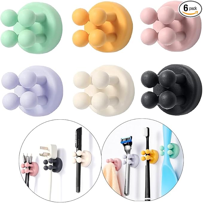 Silicone Toothbrush Holders - 6 Pcs Razor Hooks Adhesive Wall Mounted for Hanging Towel Key Plug Cable, Utility Decoration Hook Stick to Dorm Room Door Function for Kitchen Bathroom Home Office