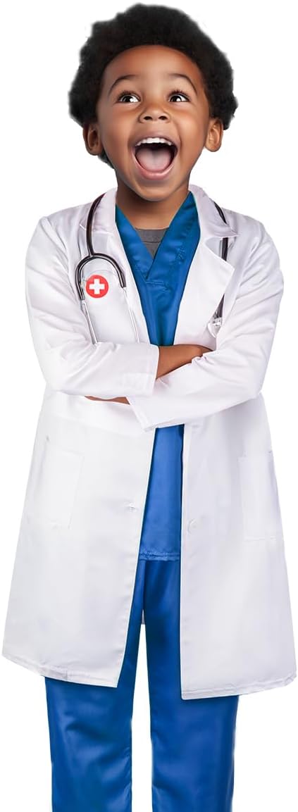 Meland Doctor Costume for Girls - Kids Scrubs with Lab Coat & Carry Bag, Doctor Dress Up for Halloween, Career Day Role Play