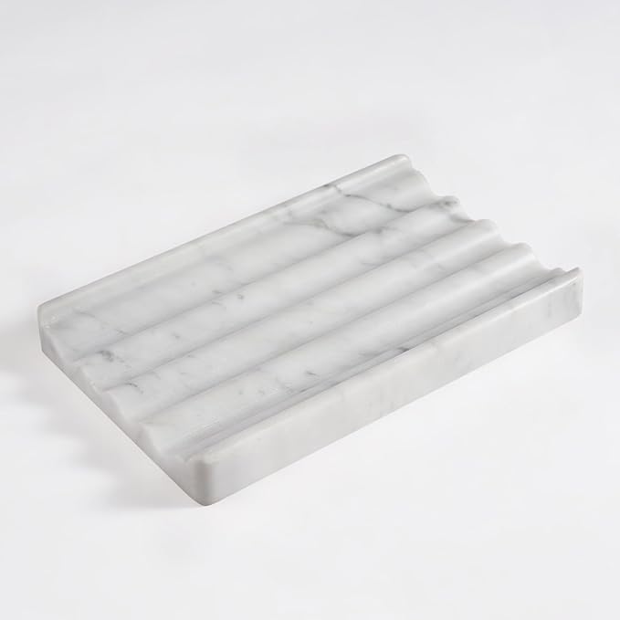 Soap Holder, Marble Soap Dish for Shower, Bar Soap Holder with Water Ripple Design, Easy Cleaning Soap Saver for Kitchen Sink，Bathroom, Executive Italian Natural Stone Soap Tray(Bianco Carrara)