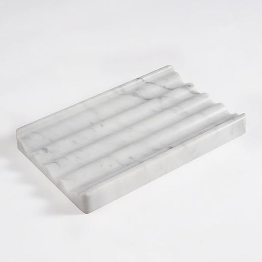 Soap Holder, Marble Soap Dish for Shower, Bar Soap Holder with Water Ripple Design, Easy Cleaning Soap Saver for Kitchen Sink，Bathroom, Executive Italian Natural Stone Soap Tray(Bianco Carrara)