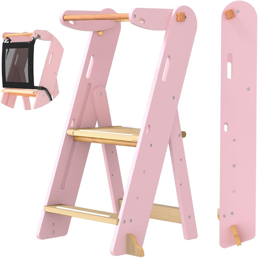 GROWNSY Foldable Step Stool Toddler Tower, Toddler Kitchen Stool Helper, Collapsible Kids Standing Tower with 3 Adjustable Heights and Safety Net for Kitchen Bathroom Sink Counter (Light Pink)