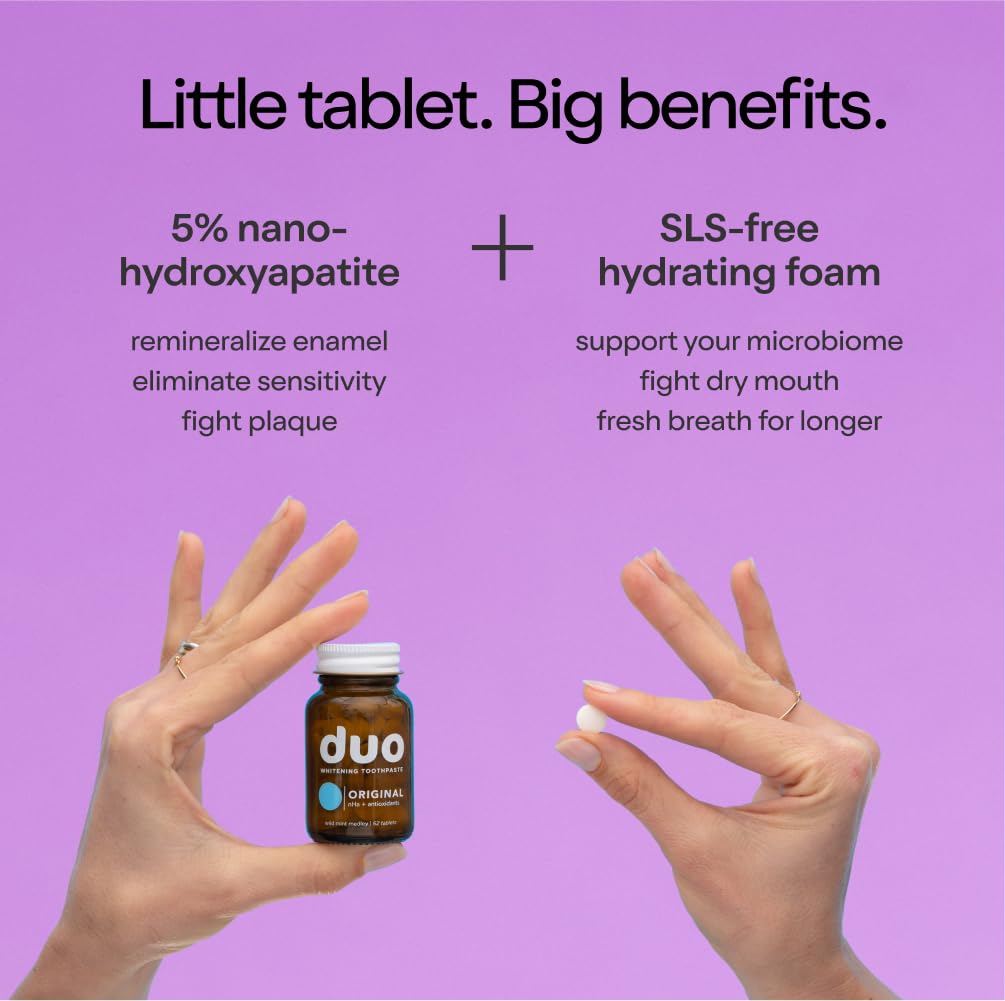 Duo Sleep Toothpaste Tablets | Melatonin w/Nano-Hydroxyapatite (nHa) - Whitening, Remineralize & Reduce Sensitivity | Sustainable & Plastic Free | Mint w/Lavender - 1 Bottle/62 Tablets