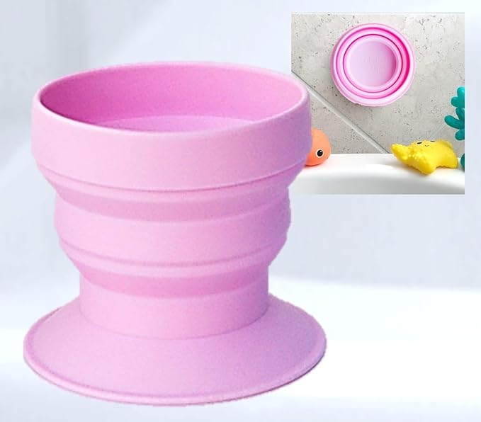 TubbyCup Baby Bath Rinse Cup, Collapsible & Convenient Space Saving Bath Cup with Suction Base, Sticks to Tub or Tile. Soft, Flexible, Makes Bath Time Safe & Fun. BPA-Free Non-Toxic Patented! (Pink)